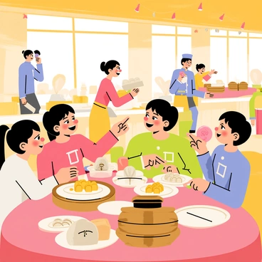 A family of four gathered around a round wooden table in a bustling restaurant. The table is filled with a variety of colorful dim sum dishes, including steamed buns, dumplings, and spring rolls. The family members are smiling and engaged in conversation, with one child reaching for a pink pork bun while the other points excitedly at a plate of shrimp dumplings. In the background, other diners can be seen enjoying their meals, and waitstaff are moving about, carrying large trays of food. The atmosphere is lively, with bright decorations and a warm, inviting ambiance.