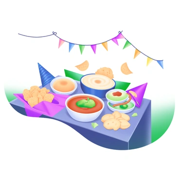 A party table filled with an array of colorful dips and an assortment of chips. The dips include creamy guacamole, vibrant salsa, and smooth hummus served in small bowls. Surrounding the dips are various types of chips, such as crispy tortilla chips, lightly salted pita chips, and crunchy potato chips. The table is adorned with festive decorations, including small party hats and colorful napkins. Bright party lights hang above, casting a cheerful glow over the scene.