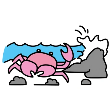 A bright red crab with detailed texture on its shell is scuttling across a rough, gray rocky shoreline. The crab has its claws raised as it moves quickly over the uneven surface. In the background, blue waves are crashing against the rocks, creating white foam as they hit. The scene captures the dynamic motion of the crab amidst the natural elements of the shore.