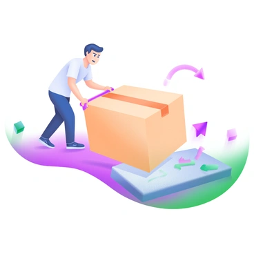 A modern pastel illustration showing a person pushing a heavy box across a smooth floor. The person is depicted with a determined expression, wearing casual clothing. The box is large and rectangular, with visible weight, appearing to be difficult to move. The smooth floor is light-colored and reflects soft shadows. There are arrows indicating the direction of push and a textured surface illustrating static friction beneath the box.