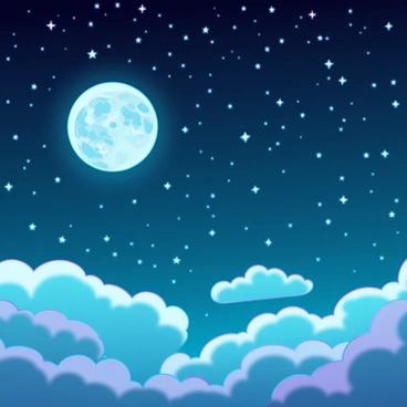 A vast expanse of deep blue night sky filled with countless twinkling stars. Soft, fluffy clouds drift gently across the scene, their edges glowing softly in the pale light of the moon. The moon is large and luminous, casting a silvery sheen across the clouds, enhancing their fluffy texture. The stars shimmer brightly, creating a beautiful contrast against the dark sky, while the clouds create a serene atmosphere.
