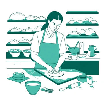 A traditional boulanger in a classic apron, surrounded by baking tools