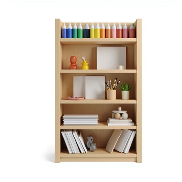 A bookshelf filled with art supplies like paints, brushes, and canvases organized neatly