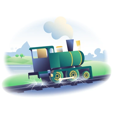A vintage steam train is moving along black iron tracks. The train is adorned with dark green and gold details, showcasing its classic design. Billowing white smoke is rising from the smokestack, blending with the blue sky. Sparks are flying from the wheels as they make contact with the tracks, creating small bursts of light. The surrounding landscape features lush green fields and a distant silhouette of trees, providing a picturesque background to the scene.