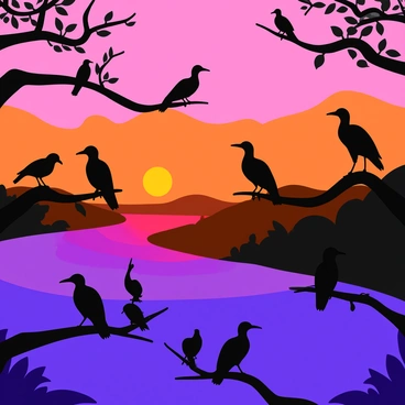 Silhouettes of multiple birds perched on slender branches above the Amazon River. The river is depicted reflecting the vibrant hues of the sunset, with shades of orange, pink, and purple blending across the sky. The birds are various sizes, with some having long, elegant tails and others with round bodies. The branches are covered with leaves, creating a contrast between the dark silhouettes of the birds and the colorful background. The scene captures the tranquility of nature at dusk as daylight fades.