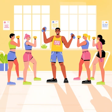 A group of six individuals, dressed in colorful workout attire, is performing synchronized dumbbell curls in a brightly lit gym. Each person holds a pair of matching dumbbells, raising them in unison. The instructor, standing at the front, is wearing a vibrant tank top and matching shorts, enthusiastically demonstrating the moves with a big smile. The background shows gym equipment and motivational posters on the walls. The floor is a polished wooden surface, and sunlight streams in through large windows, adding a lively atmosphere to the scene.
