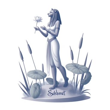 A figure representing Sekhmet stands gracefully in a tranquil garden, embodying strength and serenity. The figure has a lioness's head and a human body, adorned in intricate, flowing garments that suggest regality. In her hands, she delicately holds a blooming lotus flower, its petals fully open and detailed. The garden is lush with various plants, including tall, slender reeds and large green leaves, creating a sense of abundance. Soft, gentle lines depict the surrounding environment, enhancing the peaceful atmosphere of the scene. "Sekhmet" is inscribed at the base of the garden in elegant lettering.