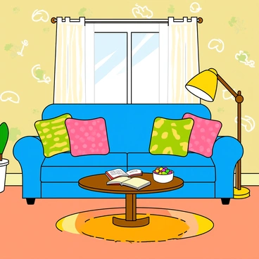 A cozy living room with a colorful couch covered in patterned cushions, inspired by Peppa Pig's style