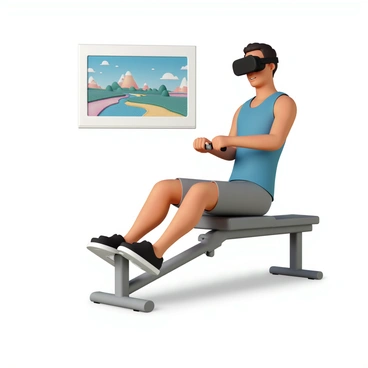 A person, wearing black VR goggles and a fitted blue tank top, is performing a seated row exercise. They are seated on a gray workout bench, gripping a black rowing handle attached to a resistance machine. The person's legs are extended forward, with feet securely placed on a footrest. Their expression shows concentration as they pull the handle towards their torso. In the background, there is a vibrant virtual world displayed on a screen, filled with colorful landscapes and abstract shapes, suggesting an immersive experience. The room is well-lit, focusing on the person and their exercise activity.