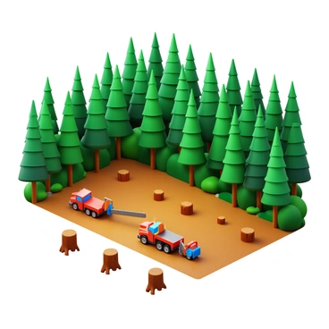 A lush green forest filled with tall trees and dense underbrush. The scene transitions sharply into a barren clear-cut area, where tree stumps are scattered across the ground. Several pieces of heavy machinery, such as a logging truck and a chainsaw, are positioned among the stumps, showing evidence of recent deforestation. The contrast between the vibrant forest and the stark cleared land is vividly depicted.
