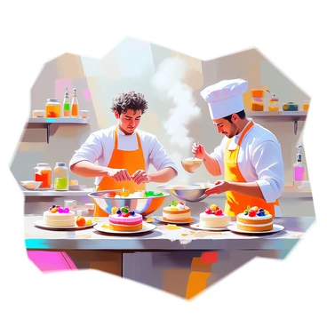 A whimsical laboratory filled with colorful kitchen equipment and ingredients, where chefs are energetically experimenting with new torte flavors and designs. One chef with curly hair and a bright apron is mixing vibrant batter in a large bowl, while another chef wearing a chef's hat is carefully stacking layers of a torte on a counter cluttered with various fruits and decorative toppings. On the walls, shelves are lined with jars of unique spices and flavor extracts. A selection of beautifully decorated tortes is displayed on a nearby table, showcasing a variety of colors and intricate designs. The atmosphere is lively as the chefs share ideas and taste their delicious creations.