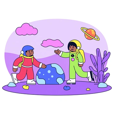Two kids in astronaut suits are exploring the surface of a colorful alien planet. The first child, wearing a red astronaut suit, is crouching down to examine a large, vibrant blue rock with unusual patterns. The second child, dressed in a bright green astronaut suit, is standing nearby, pointing excitedly at a cluster of luminous, purple plants that are growing in strange shapes. In the background, there are swirling pink and orange clouds in a lavender sky, and several small, floating, round creatures can be seen hovering above the ground. The surface is dotted with various colorful rocks and unusual formations, creating a lively and engaging environment.