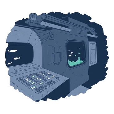 Inside a submarine, there are various metallic pipes running along the walls, connecting different sections of the vessel. Control panels filled with numerous buttons and switches are positioned on the front wall, illuminated by soft lights. A large viewport occupies one side of the submarine, revealing the deep sea beyond. Through the viewport, schools of fish can be seen swimming past, glowing faintly in the dim underwater light. The interior is filled with shadows, with a mix of dark gray and a contrasting lighter color from the controls.