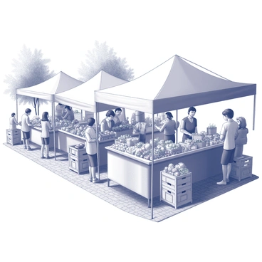 A bustling farmers' market filled with various stalls. Each stall showcases a variety of fresh produce, including fruits and vegetables arranged neatly. Shoppers are interacting with vendors, inspecting the goods and making purchases. Some patrons are carrying reusable bags filled with produce. There are wooden crates stacked with items, and the ground is paved with cobblestones. A few trees provide shade to the scene, and the atmosphere is lively with people enjoying their time at the market.