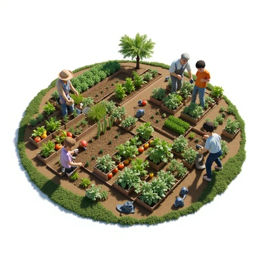 A community garden with people of different ages and backgrounds planting vegetables together