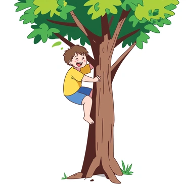 A cheerful child with short brown hair is climbing a tall tree, wearing a bright yellow shirt and blue shorts. The tree has a sturdy trunk and numerous green leaves, creating a vibrant backdrop. The child is gripping a branch with one hand while reaching for the next higher branch with the other hand, a broad smile on their face as they ascend. Sunlight filters through the leaves, casting playful shadows on the ground below.