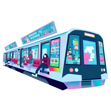 Colorful advertising panels displayed along the walls of a futuristic metro carriage. Each panel features vibrant graphics and eye-catching designs, showcasing various products and services. The interior of the carriage has sleek metallic finishes and modern seating arrangements. Artificial lighting enhances the colors of the advertisements, creating a lively atmosphere. The panels vary in size and design, featuring images of technology, fashion, and events. The carriage is occupied by diverse passengers, engaged in their own activities as they admire the dynamic advertisements around them.