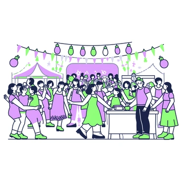 A lively festival scene is depicted with a large crowd of people celebrating. There are individuals wearing various colorful outfits, some with hats and accessories. In the center of the scene, a group of people is dancing joyfully, while others are chatting and enjoying food from stalls. Decorations made from aubergine are hanging from above, creating an immersive atmosphere. Colorful banners and lights are strung across the area, adding to the festive mood. There are tables adorned with festive tableware, and a stage in the background where performers are entertaining the crowd.