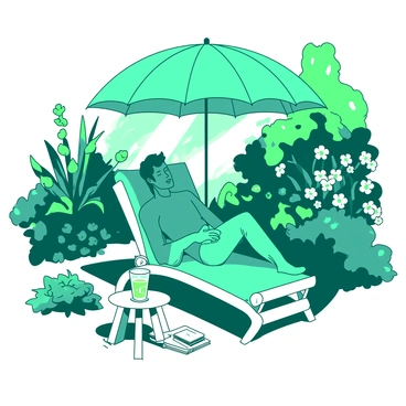 A teal figure resembling a man with short hair is lounging comfortably on a white wicker chair under a large green umbrella in a lush garden. The garden is filled with vibrant green foliage and colorful flowers, creating a serene atmosphere. The man is wearing a light summer suit and has a relaxed expression on his face as he enjoys the warm sunlight filtering through the leaves. Nearby, a small white table holds a glass of refreshing lemonade and a book with a white cover, adding to the peaceful retreat ambiance.