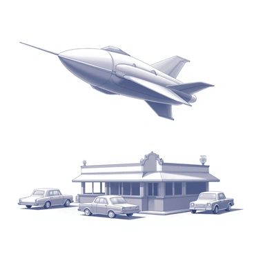 A retro-style alien spaceship featuring distinct fins and a streamlined design is soaring through the sky. The spaceship has a rounded body with intricate details that emphasize its otherworldly origins. Below, a vintage diner with a classic architectural style sits on the ground. The diner has a simple, elongated shape, adorned with large windows and a neon sign. Surrounding the diner, there are several parked cars, showcasing a nostalgic 1950s design. The scene captures a moment of interaction between the spaceship and the diner, emphasizing the contrast between the alien craft and the familiar earthly structure.