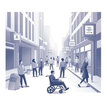 A city street bustling with activity. Various signs are prominently displayed, clearly indicating "new disability access policies" in bold lettering. People of diverse backgrounds are seen navigating the area, with some using wheelchairs and others walking alongside them. Ramps can be observed leading up to buildings, ensuring easy access. The environment is lively, with pedestrians engaged in conversation and others observing the signs. Sidewalks are wide and clear, allowing for smooth movement throughout the area.