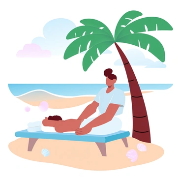 A person is lying on a massage table on the sand, surrounded by a tranquil beach setting. A massage therapist is gently applying pressure with their hands on the person's back. Above them, a large palm tree provides shade, its fronds swaying lightly in the breeze. In the background, the ocean is visible with gentle waves lapping at the shore. A few seashells are scattered on the sand nearby, and the sky features soft gradient pastel colors, transitioning from pale blue to light pink.