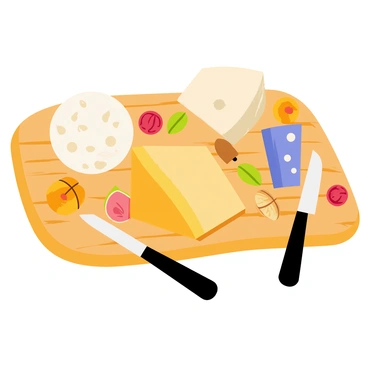 A rustic wooden board with a rich, textured surface, displaying a variety of cheeses, including a round brie, a block of sharp cheddar, and a wedge of blue cheese. Surrounding the cheeses are small clusters of almonds, walnuts, and pistachios, adding a mix of earthy tones. Dried fruits such as soft figs, sweet apricots, and tart cranberries are scattered around the board, enhancing the visual appeal. A couple of small cheese knives rest on the board, ready for serving.