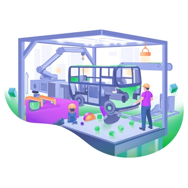 A busy factory scene featuring workers assembling a new bus. The workers are wearing safety helmets and uniforms, focused on their tasks. Various machinery can be seen in the background, including robotic arms and conveyor belts. The factory floor is filled with bus parts, such as wheels, frames, and seats, organized neatly for assembly. Bright overhead lights illuminate the workspace, highlighting the detailed components of the bus being constructed. The atmosphere is energetic and industrious.