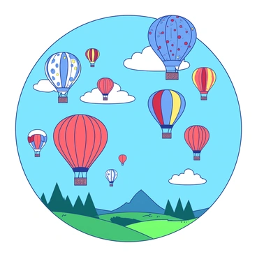 A blue sky is filled with a vibrant array of hot air balloons in various shapes and sizes. Each balloon displays a unique pattern and color combination, creating a colorful spectacle. Some balloons are striped in red and yellow, while others are adorned with polka dots or floral designs. The balloons are floating gracefully, their colorful canopies gently catching the sunlight. Below them, a lush green landscape is visible, dotted with trees and fields, providing a picturesque backdrop to the soaring balloons.