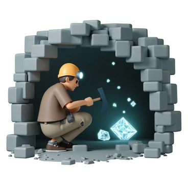 A miner, wearing a hard hat with a headlamp, is crouching down in a dark, blocky cave. The miner is holding a pickaxe in one hand, while the other hand is reaching towards a sparkling vein of diamonds embedded in the rough stone wall. The diamonds are glimmering in the light of the headlamp, reflecting a spectrum of colors. The cave walls are made up of jagged, uneven rock formations, and the ground is uneven and covered in small stones and dirt. The miner's clothing is rugged, consisting of a brown shirt, cargo pants, and sturdy boots, completing the scene of discovery and excitement.