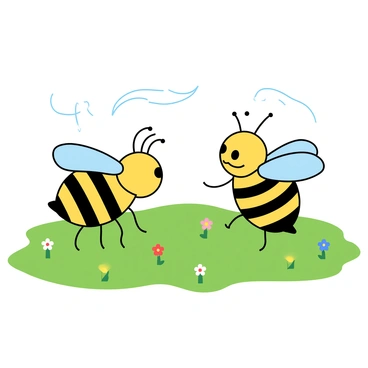 A pair of cartoon-style bees with bright yellow and black stripes is engaged in a lively "waggle dance" on a vibrant green patch of grass. The first bee has large, expressive eyes and tiny wings that are slightly blurred, indicating movement. It is demonstrating the dance by wiggling its body in a zigzag pattern. The second bee is watching closely, tilting its head with a curious expression. Small, colorful flowers surround them, adding splashes of color to the scene. Above the bees, there are playful, swirling lines indicating the direction and energy of the dance.