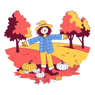 A vibrant autumn landscape features a field filled with colorful leaves in various shades. In the center of the scene stands a cozy scarecrow wearing a yellow straw hat and a blue plaid shirt. The scarecrow has a welcoming expression and is surrounded by scattered orange pumpkins of different sizes, some resting on the ground while others are partially buried in the fallen leaves. The background showcases trees adorned with red and yellow foliage, framing the picturesque scene.