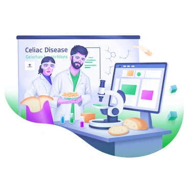 A modern pastel illustration depicting scientists in a laboratory. Two researchers, a man and a woman, are wearing white lab coats and safety goggles. The woman is holding a petri dish with a sample, while the man is observing a microscope. In the background, there is a large whiteboard filled with diagrams and notes about "Celiac Disease". Various lab equipment like test tubes, beakers, and a computer monitor displaying charts are arranged on the workbench. A few gluten-free food items, like bread and pasta, are placed on the table for reference.