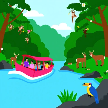 A riverboat with a vibrant red hull navigates through a lush, green jungle river. The boat is filled with passengers enjoying the view. Dense foliage surrounds the riverbanks, featuring tall trees with broad leaves and colorful flowers. Various wildlife can be seen on the banks, including a playful group of monkeys swinging from branches, a family of deer grazing near the water's edge, and a vibrant toucan perched on a low branch. The scene is filled with rich greenery and bright colors, capturing the essence of a lively jungle environment.