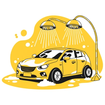 A car with a sleek design is positioned within an automated car wash. The vehicle is covered in soapy suds, with streams of water spraying from various angles, creating a misty effect around it. The car wash machinery is visible in the background, with rotating brushes and jets dispensing soap and water. The ground is wet and shiny from the recent wash, and droplets of water cling to the car's surface.