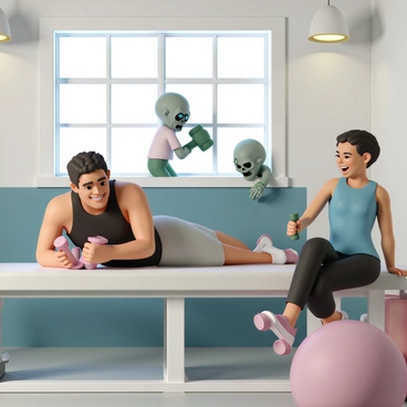 Two fitness enthusiasts are in a gym, engaging in a skull crusher exercise with dumbbells. The first enthusiast is a muscular man, wearing a black tank top and grey shorts, lying on a bench, focusing intently on his form as he lifts the weights. The second enthusiast is a woman, wearing a blue workout top and black leggings, sitting beside the bench, laughing at the situation unfolding around them. 

In the background, several comical zombies are attempting to get into the gym, with one zombie tripping over a dumbbell, while another is peeking through the window with a confused expression. The gym is equipped with various fitness equipment, and bright fluorescent lights illuminate the scene, enhancing the lighthearted atmosphere despite the chaos.
