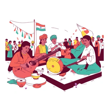 A group of musicians is performing at a Republic Day celebration. Two musicians are playing a red sitar and a teal tabla, creating a harmonious melody. In the background, a musician is blowing into a white flute, while another is striking a vibrant yellow drum. The musicians are dressed in traditional attire, with colorful turbans and flowing garments. A festive atmosphere surrounds them as a crowd watches appreciatively, flags waving in the breeze and decorations adorning the area.
