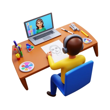 A student wearing headphones is sitting at a desk with a laptop open, displaying a live video illustration session. The student is focused on their sketchpad, drawing a portrait in pencil. On the screen, an artist is demonstrating techniques, with various colors and tools visible in the background. The room is well-lit, and art supplies are scattered around the workspace, including markers, brushes, and a color palette. The student appears engaged and concentrated on the task at hand.