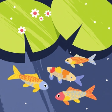 A group of colorful fish swimming gracefully beneath large green lily pads. The fish have vibrant scales of orange, blue, and yellow, creating a striking contrast against the cool, dark shadows cast by the lily pads. The surface of the pond is dotted with delicate white and pink flowers blooming atop the lily pads. Small ripples distort the reflections of the lily pads and flowers, adding a sense of movement to the serene underwater scene. Sunlight filters through the water, illuminating the fish and creating sparkling patterns on the pond floor.