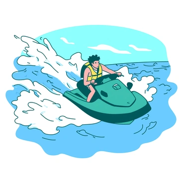 A teal jet ski is racing across the waves, leaving a trail of frothy white water in its wake. The rider, wearing a bright yellow life jacket, leans forward, gripping the handlebars tightly as they skim over the surface. Water splashes high into the air around them, reflecting the sunlight and creating a dynamic sense of movement. In the background, there are rolling waves, and a clear blue sky stretches overhead, enhancing the thrill of the scene.