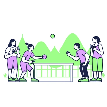 A group of four friends is set up in a backyard, engaged in a casual game of table tennis. Two friends are positioned at a rectangular table, focused and ready to hit the ball. One friend has short hair and wears a casual t-shirt, while the other, with long hair tied back, sports a tank top. The ball is in mid-air, captured just above the table, while the other two friends are standing nearby, cheering and clapping. One of them is holding a drink, and the other is laughing, creating a lively atmosphere. In the background, there are trees and a fence that outline the yard.