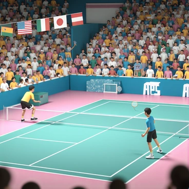 A vibrant scene depicting an international badminton competition taking place in a large indoor arena. Flags from various countries, including "United States," "Japan," "Brazil," "Germany," and "India," are prominently displayed, waving proudly above the court. The badminton court is marked with bright white lines and surrounded by enthusiastic spectators, some holding signs in support of their teams. Professional players are seen in action, wearing athletic uniforms and focused on the shuttlecock as they engage in a fast-paced match. The atmosphere is lively, filled with excitement and energy from the crowd.