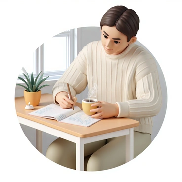 A person, wearing a soft, knitted sweater and comfortable pants, is sitting at a wooden desk. They are holding a steaming cup of herbal tea in one hand while writing in a gratitude journal with the other. The desk is adorned with a small potted plant and a lit candle, adding a warm ambiance to the scene. Natural light is streaming in from a nearby window, illuminating the pages of the journal where gentle handwritten notes are visible. The person's expression is calm and focused as they engage in this reflective activity.