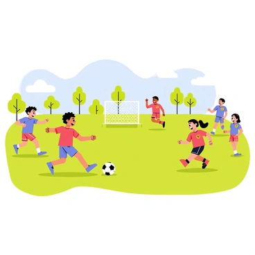 A bright, sunny field filled with green grass, where several children are engaged in a friendly soccer match. The children are wearing colorful jerseys, with some in red and others in blue. One child is kicking a black and white soccer ball towards a goal, while other kids are running and cheering in excitement. In the background, there are trees providing shade and a few fluffy clouds in the blue sky.