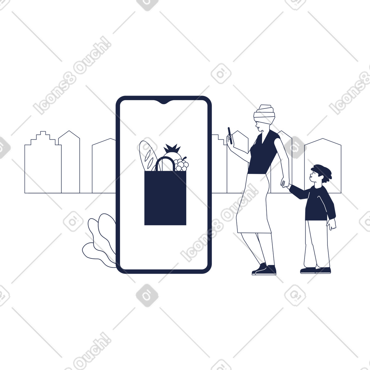 African mother with child shopping at online grocery store illustration in Urban Line style download in PNG, SVG
