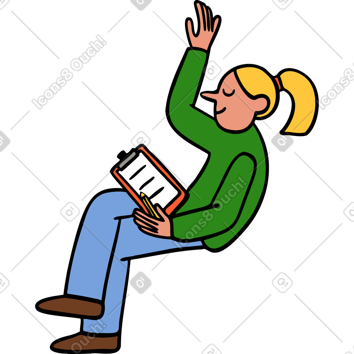 Woman with clipboard raising arm illustration in Comic style download in PNG, SVG