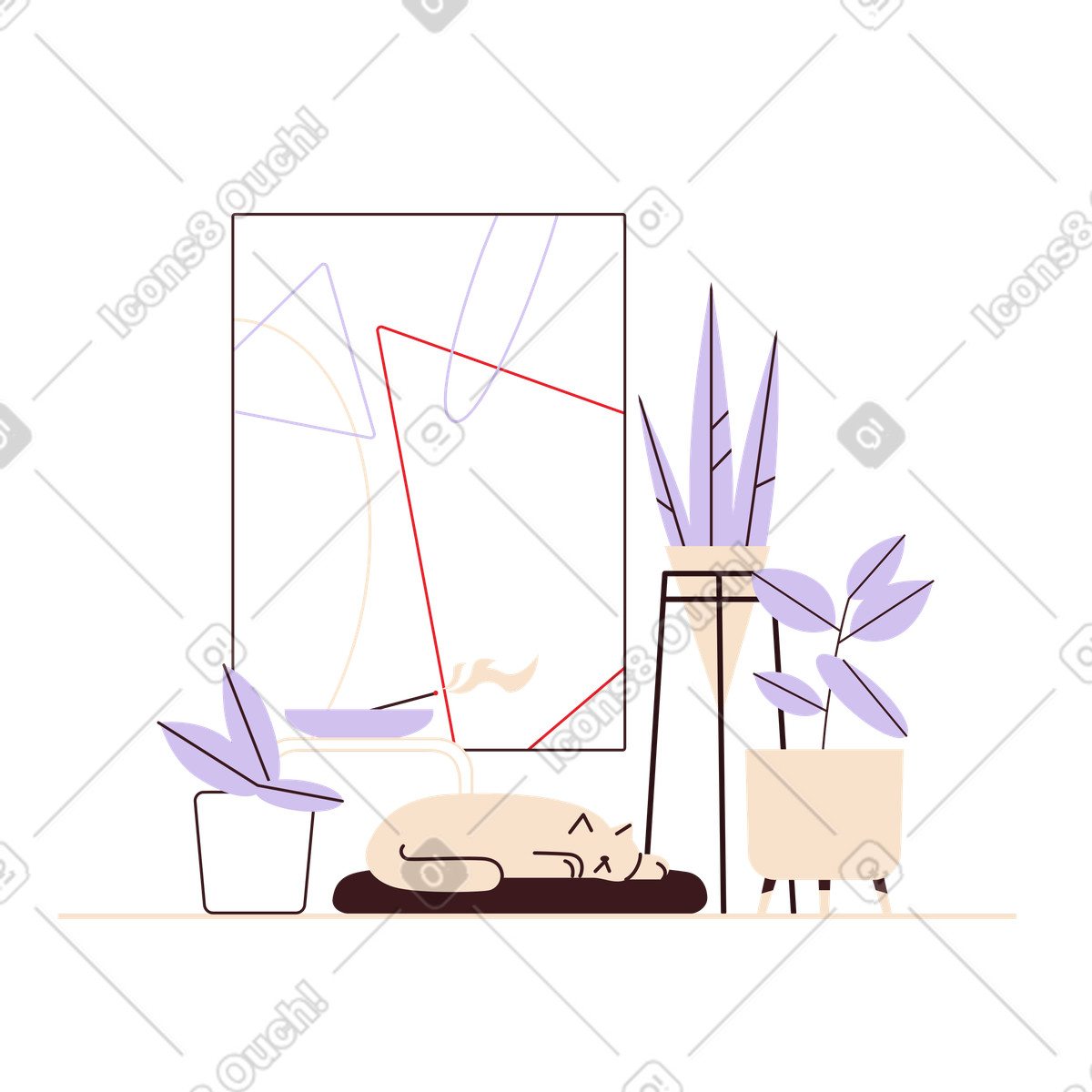 Interno con un gatto illustrazione in stile Folks scarica in PNG, SVG
