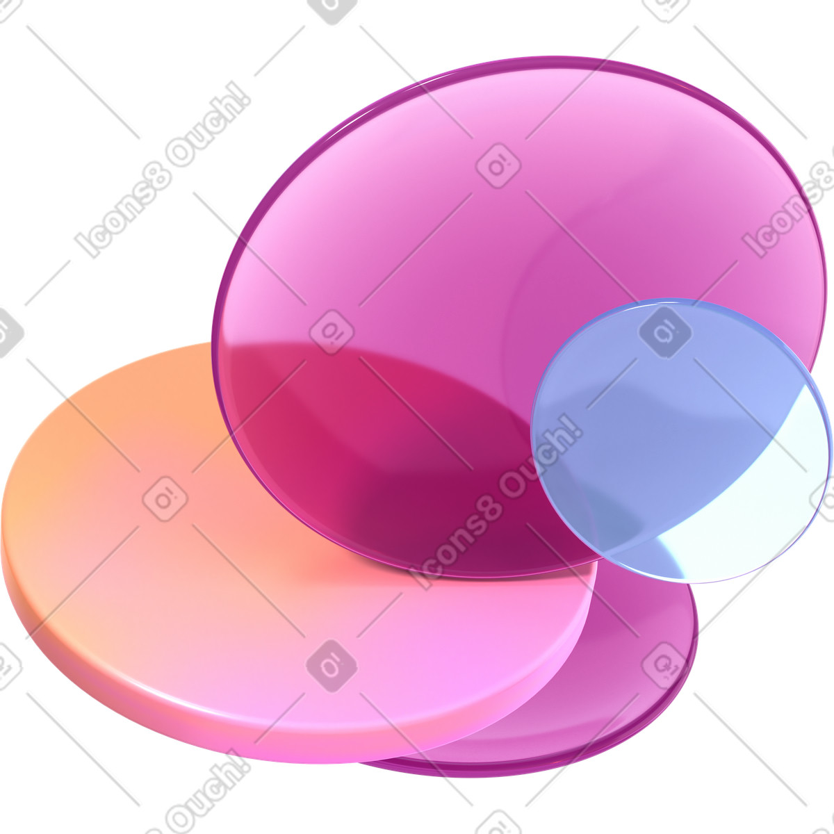 Quattro lenti di diverse dimensioni illustrazione in stile 3D Glassy scarica in PNG, SVG