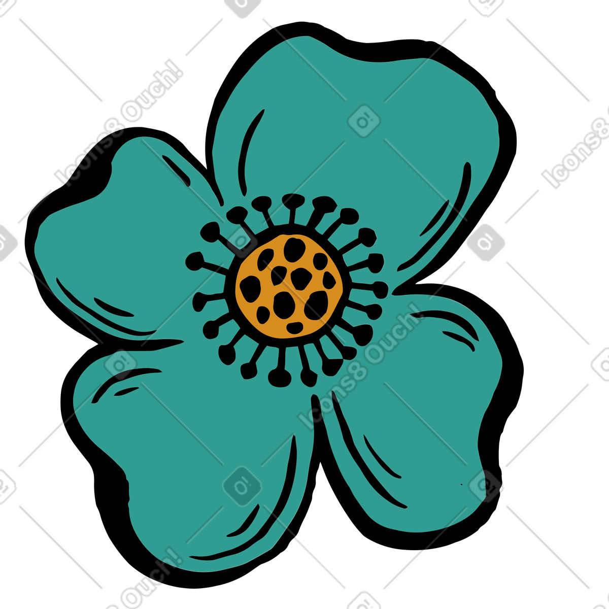 Scandi スタイルの Teal flower with four petals のイラストをPNG、SVG形式でダウンロード