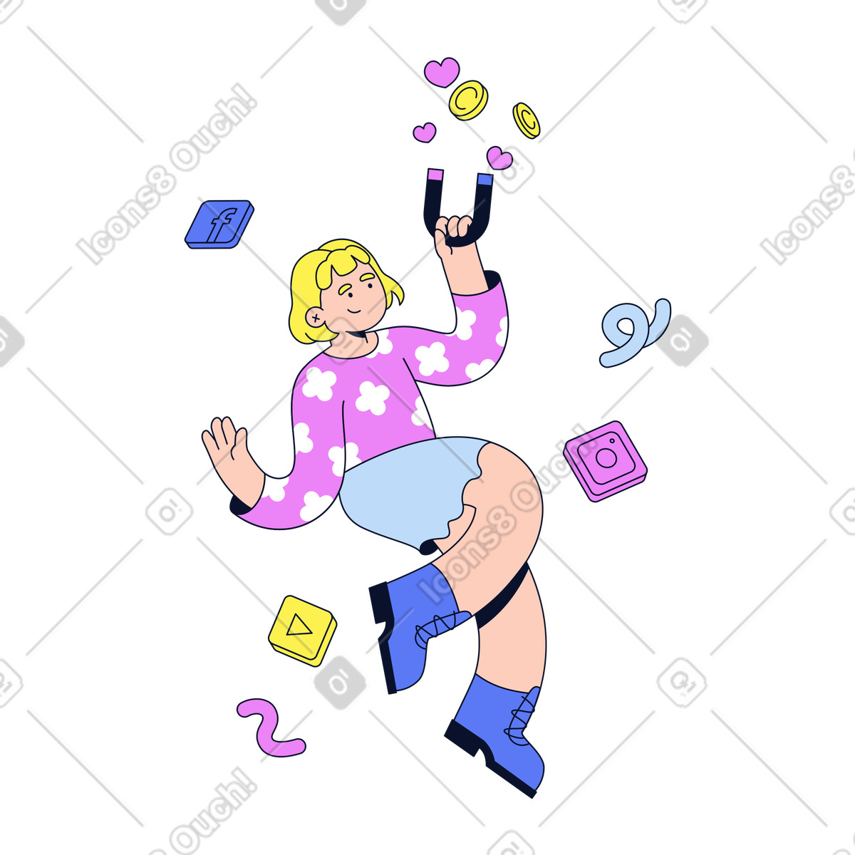 Young woman getting likes and coins on social media illustration in Flexy style download in PNG, SVG